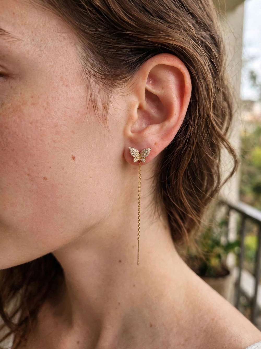 Gold Butterfly Threader Earrings with Crystals - Women Jewelry